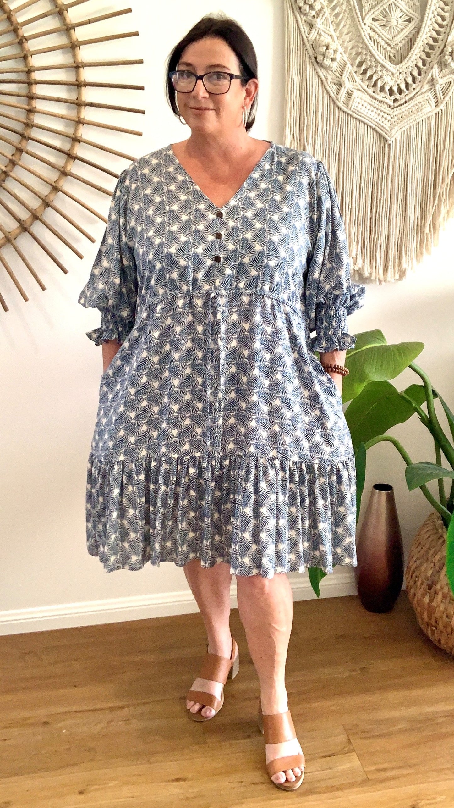 TESS dress in Navy Leaves
