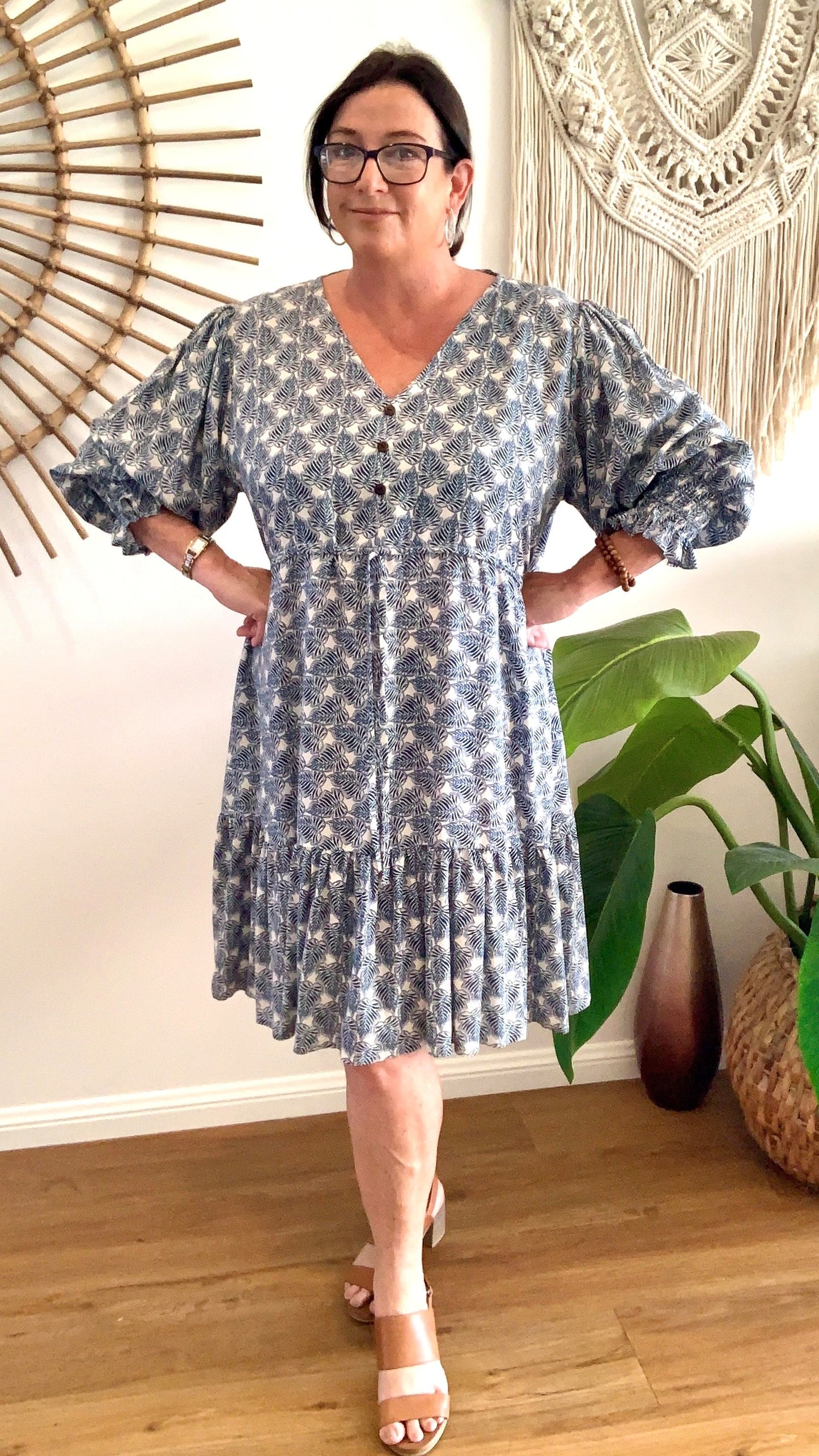 TESS dress in Navy Leaves