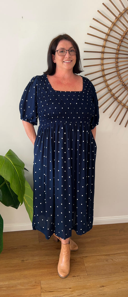ERIN long dress in Navy Polka Dots