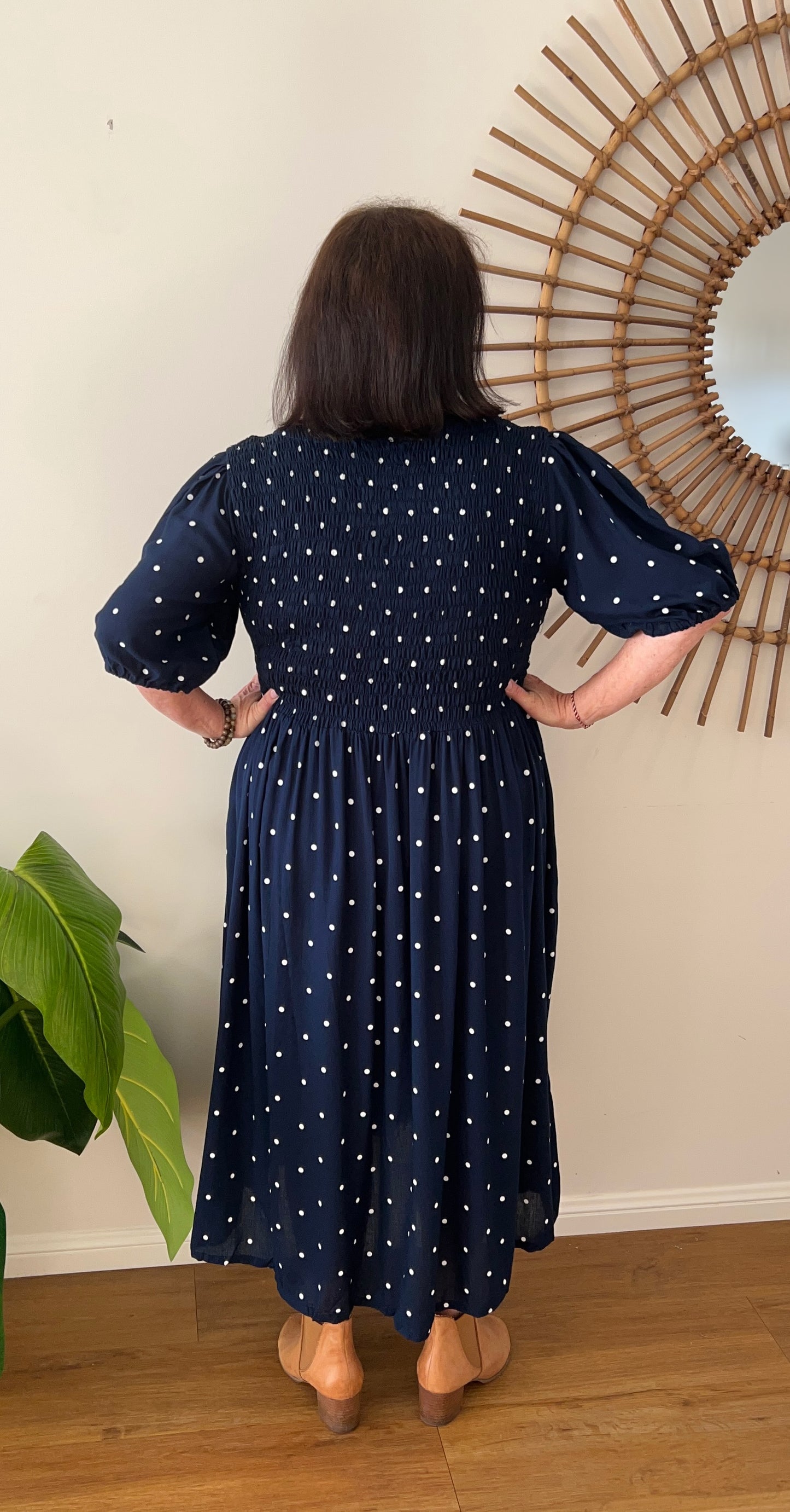 ERIN long dress in Navy Polka Dots