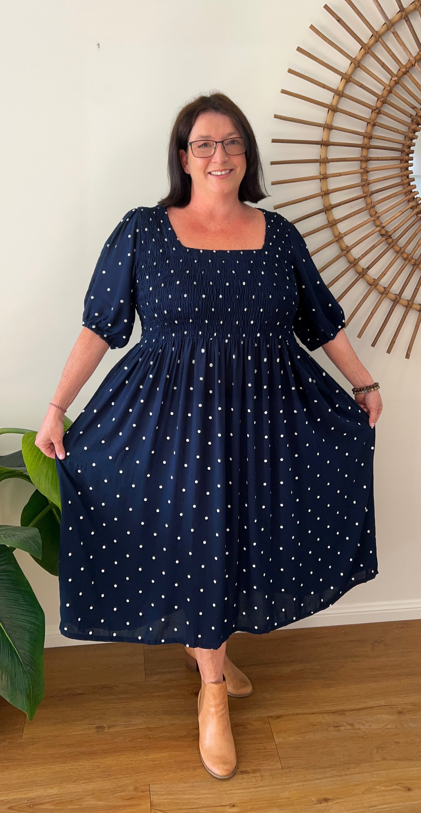 ERIN long dress in Navy Polka Dots