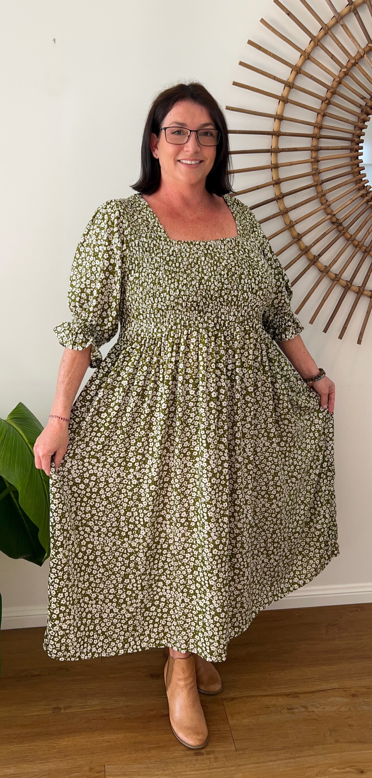ERIN long dress in Green small flowers