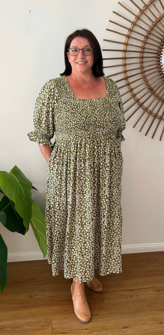 ERIN long dress in Green small flowers