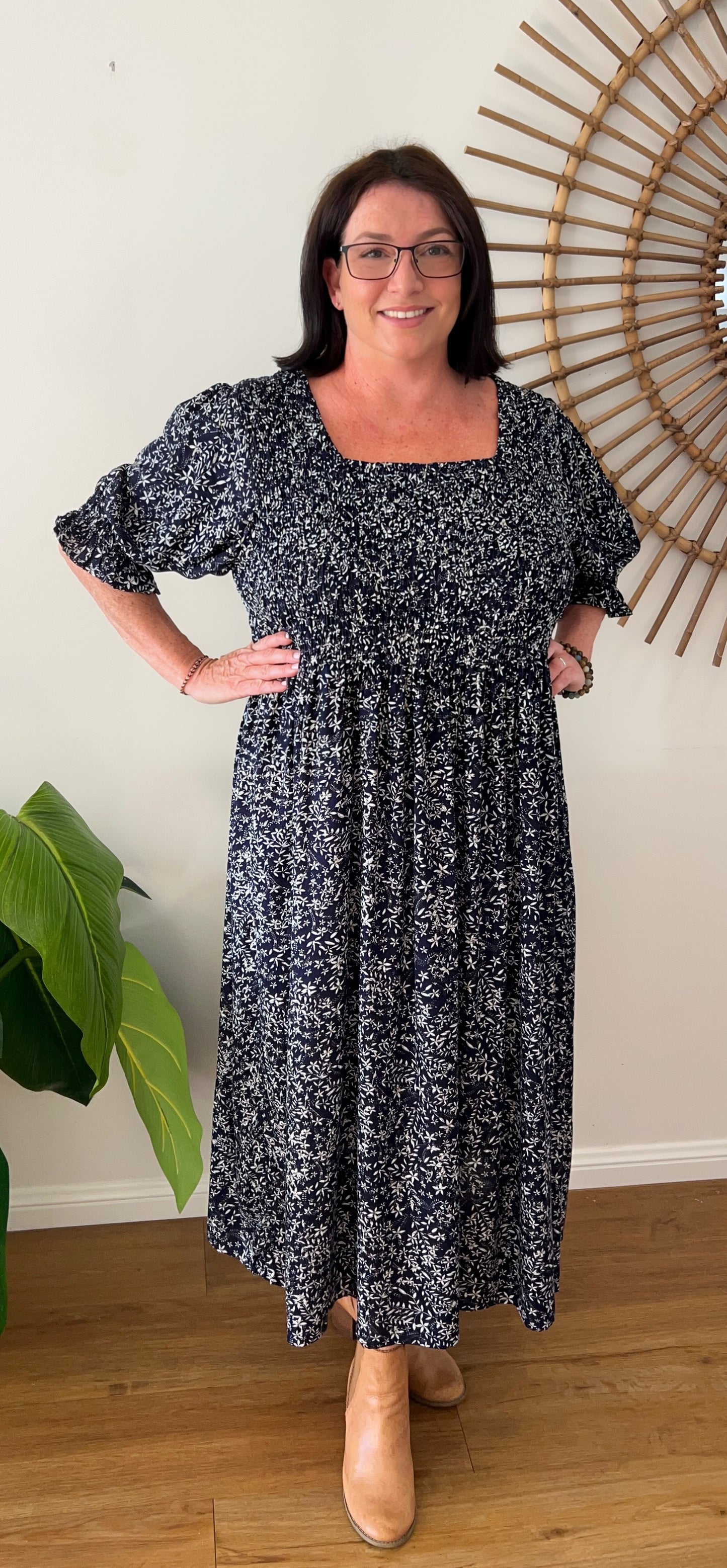 ERIN long dress in Navy & white flowers